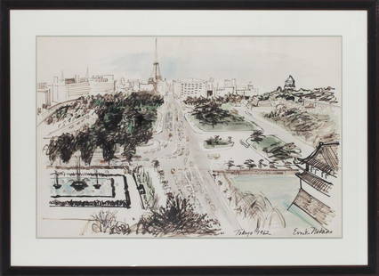 Emiko Nakano (1925-1990) American, W/C: "Tokyo 1962", watercolor and ink on paper. Emiko Nakano is known for Abstract Expressionist painting, studying at the California School of Fine Arts under Clyfford Still, James Budd Dixon, Edward Corb