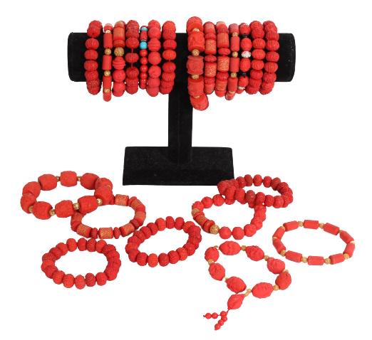 (24) Chinese Red Stone Beaded Bracelets (1 of 4)