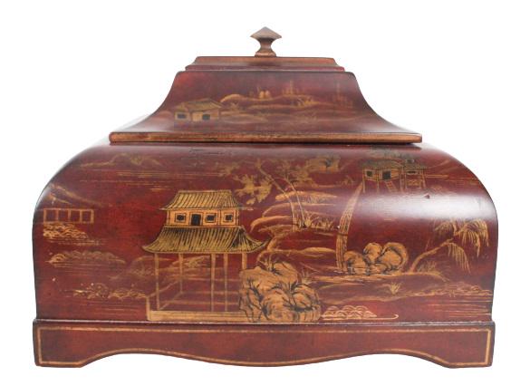 Chinese Bombay Hand Painted Box w Lid: Chinese Bombay Hand Painted Box w Lid, pegola and lanscape scenes. Size: 14 x 10 1/2 x 10 1/2 in.