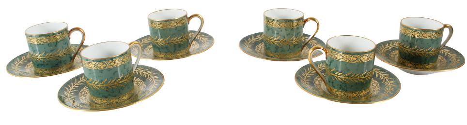 (12) Raynaud & Co Limoges Porcelain Tea & Saucers: Raynaud & Co. Limoges, Marin Paris France Porcelain tea cups and saucers. Green and gilt leaf design, marked on the underside.Please refer to the last image for a CONDITION report.Plate Size: 4 1/2 in