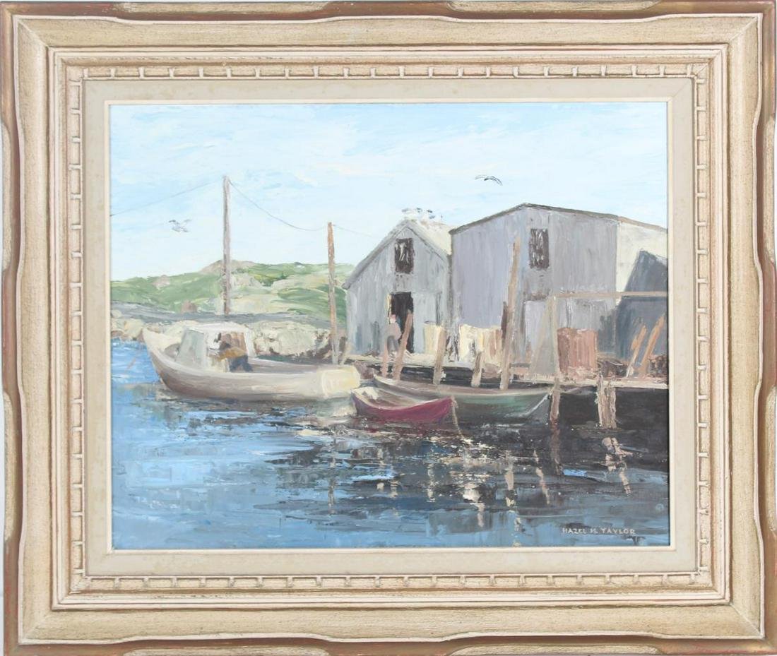 Harbor Scene Oil on Canvas Board, 20th C: Lovely harbor scene, oil on canvas board painting. Signed Hazel M Taylor lower right.Overall size: 27 x 23 in. Sight size: 19 x 16 in.
