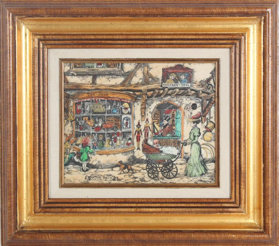 Anton Pieck "Toy Shop" Engraving: Anton Pieck "Toy Shop" Engraved Composition Scene.Overall size: 15 1/2 x 17 1/2 in.Image size: 7 3/4 x 9 1/2 in.