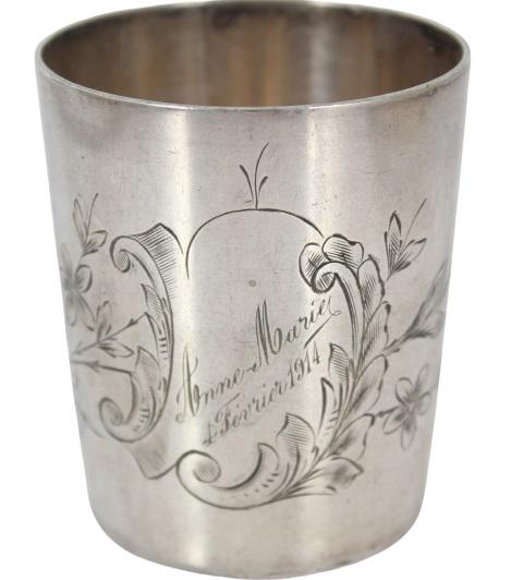European Silver Plate Engraved Drinking Cup: European Silver Plate Engraved Drinking Cup. Engraved "Anne Marie 1914", stamped hallmarks. Size of Cup: 2 1/3 x 2 3/4 in.Size of Box: 4 1/2 x 3 3/4 x 3 in.