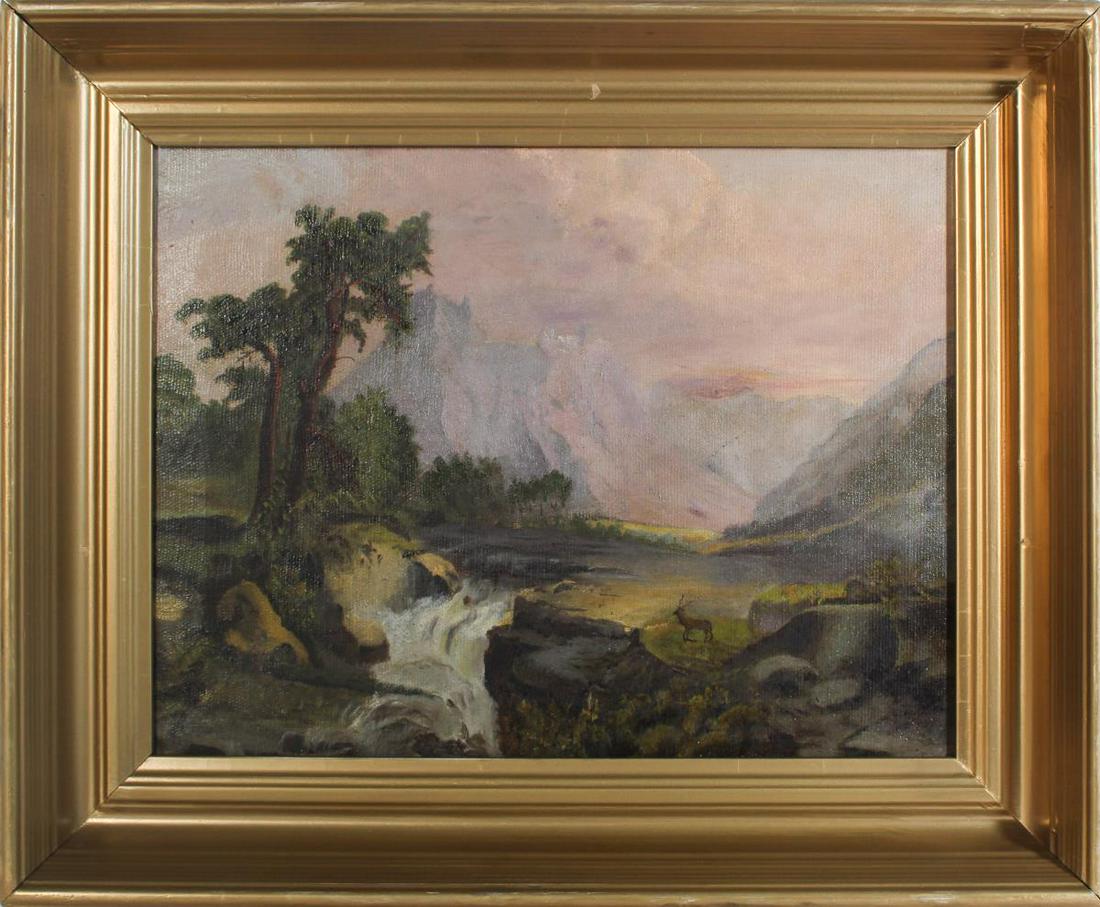 19th C. Western Landscape w Deer & Waterfall, O/C (1 of 4)