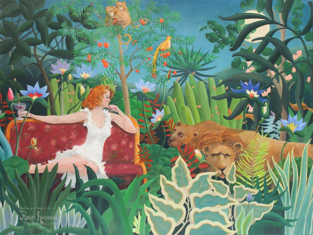 20th C. Figural Jungle Scape, Signed Oil/Canvas: Variation on a theme & style of Henri Rousseau, by M. Rees Marlatt (?) 1990. A woman relaxes on a settee with a glass of wine in her hand, surrounded by wild animals in a jungle setting. Size: 48 1/2