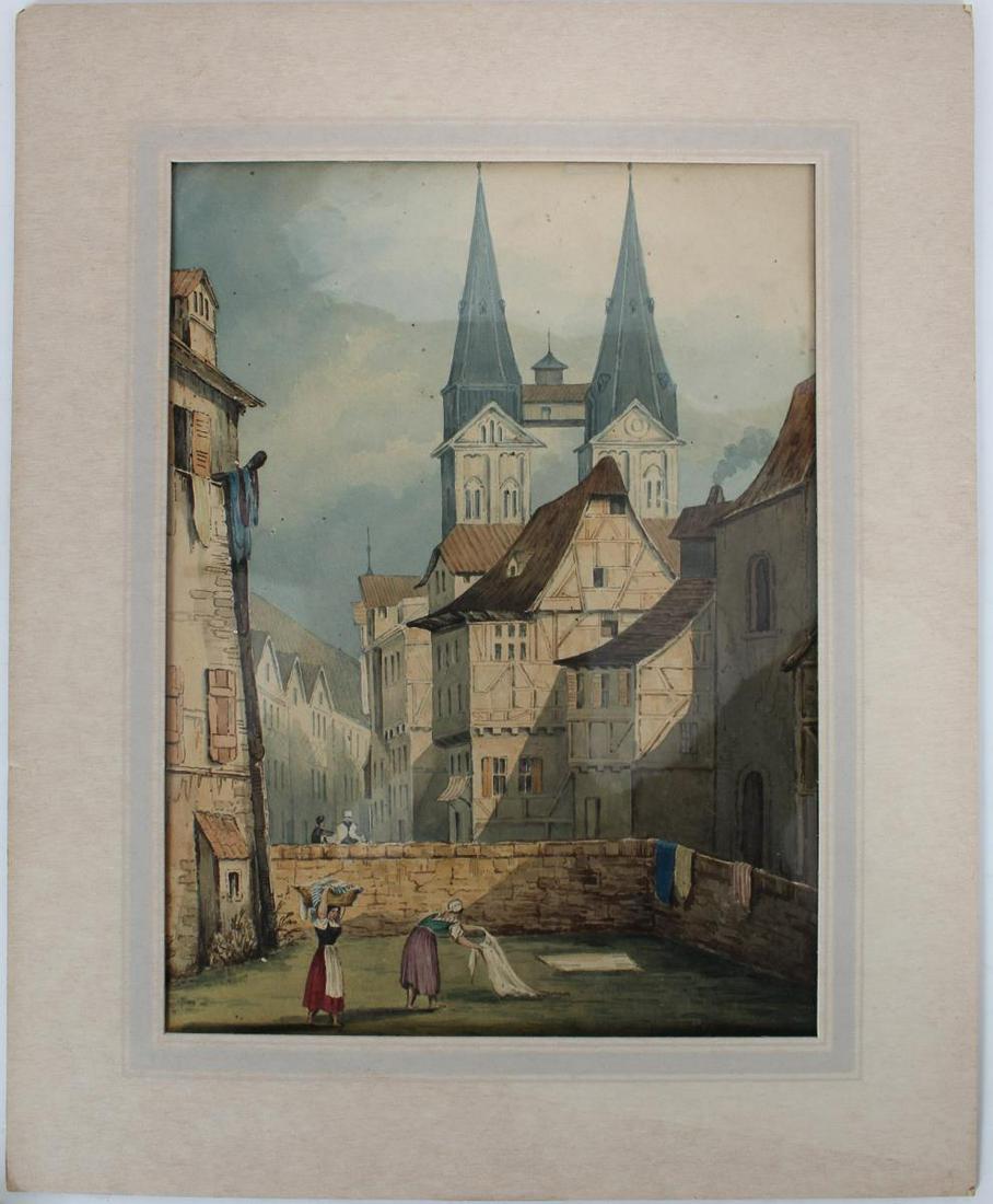 Early 19th Century Belgian Town Scene, Watercolor: Early 19th Century Belgian Town Scene, Watercolor on Paper. Condition commensurate with age. Overall size: 13 x 10 1/2 in. Sight size: 10 1/4 x 8 in. Location U1 CREAM BOX