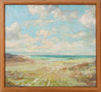 Charles Gresham (20th C) American, Oil/C: Charles Gresham (20th C) American, Oil on canvas. Titled "California Beach." Gresham exhibited at the Esther Robles Gallery in the 1950's Other artists exhibiting were Stanton MacDonald Wright,