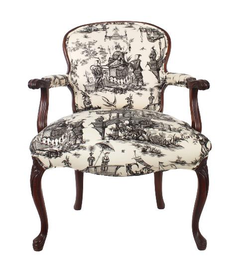 French Mahogany Chair with Toile Upholstery: French mahogany chair with elegant black & white toile fabric.Size: 25 1/2 x 16 x 35 in.Condition: back is discolored