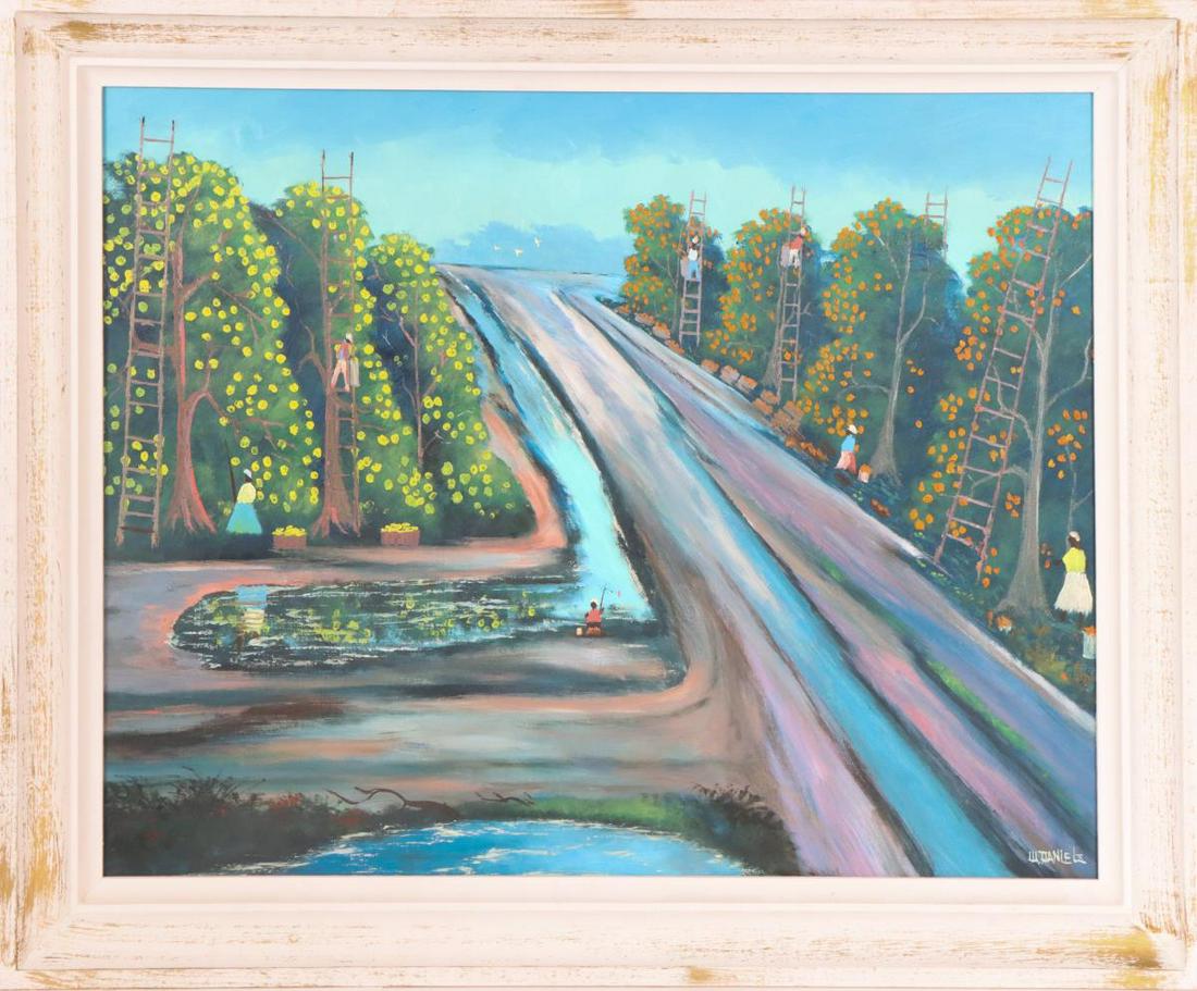 Willie Daniels (1951-2021) Florida Highwaymen, O/B: Nostalgic scene of a Florida orange grove with pickers on ladders, oil on board, signed lower right. Willie Daniels made a name for himself among the Florida Highwaymen, a group of 26 self-taught Afri