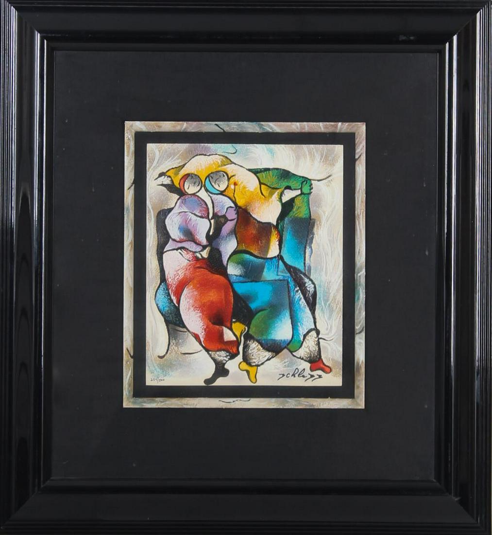 David Schluss (b. 1943) Israeli/Amer, Litho: Two Peasant Figures, color print, numbered 204/500, and signed in the plate. Born in Jaffa, Israel, David Schluss began painting at a very early age. Influenced by great masters such as Chagall, Miro,