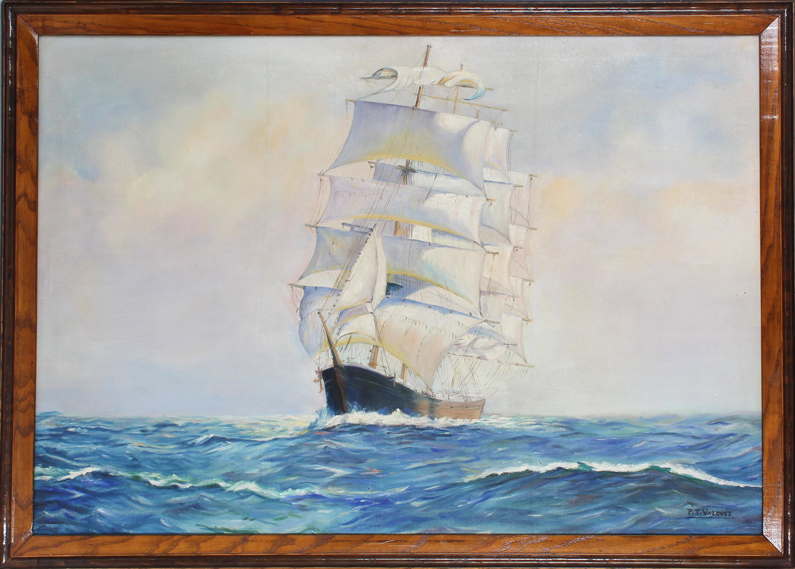 Early 20th C. Clipper Ship Painting, Signed O/C: Clipper Ship Painting by PT Vazquez Early 20th C oil on canvas of a clipper under full sail.Overall size: 31 x 43 in. Sight size: 27 x 39 in. Location A/B WINDOW