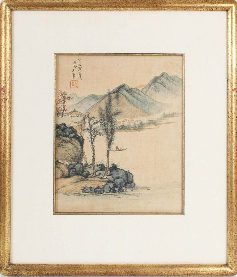 Wang Hui (1632-1717) Chinese Watercolor on Silk: Chinese watercolor on silk, of a mountainous view, signed and with chop marks. Condition commensurate with age. Overall Size: 17 1/2 x 15 in.Sight Size: 10 1/4 x 8 in. Location A