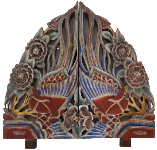 Pair of Chinese Pagoda Brackets, Carved & Painted: Pair of Chinese Pagoda Brackets, Carved & Painted.As one piece: 23 1/2 x 23 in. 2 in thick. Location H
