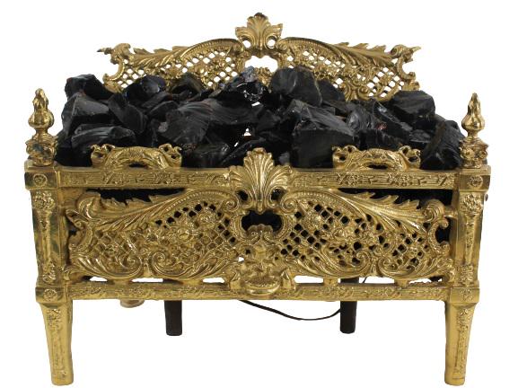 Electrified Gilt Victorian Fireplace Insert: Ornate Gilt Victorian Fireplace Insert with Amber Glass Coals, electrified with two light bulbs.Size: 18 x 9 x 15 3/4 in.