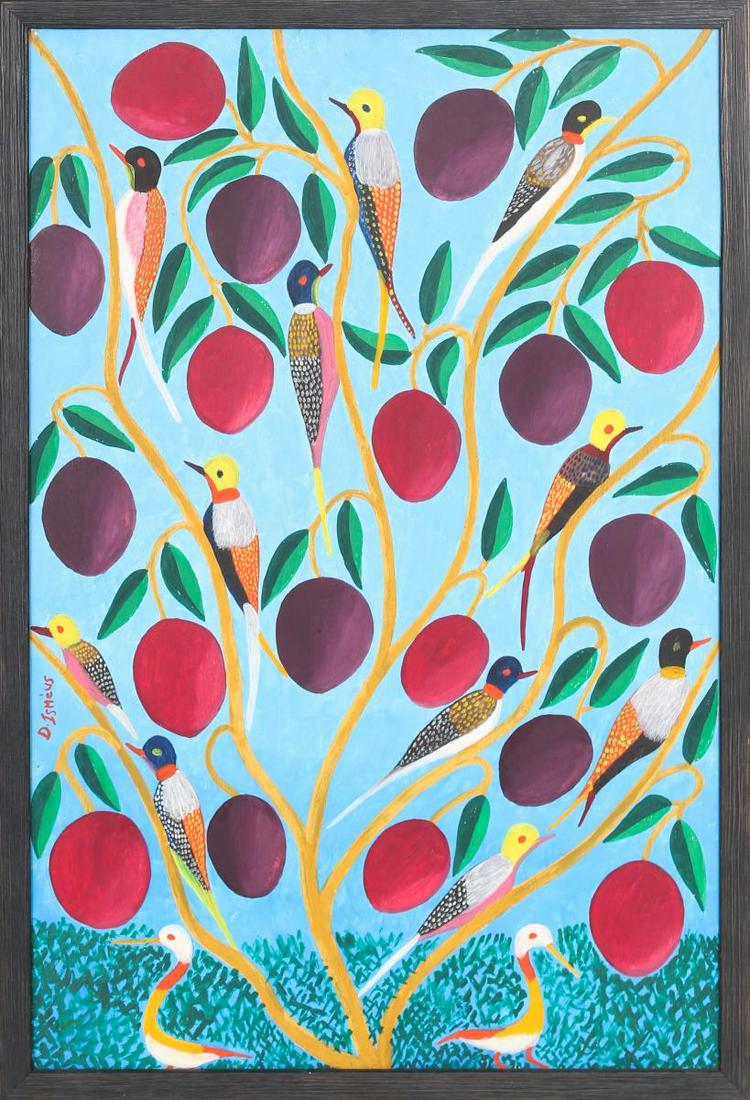 Desrivieres Ismeus (1919-2002) Haitian, O/M: Desrivieres Ismeus (1919-2002) Haitian, Oil on Masonite. Oil on masonite painting titled "Birds in a Fruit Tree". Vibrant piece w no sign of past restorations.Overall Size: 25 1/4 x 17 1/4 in.Sight Si