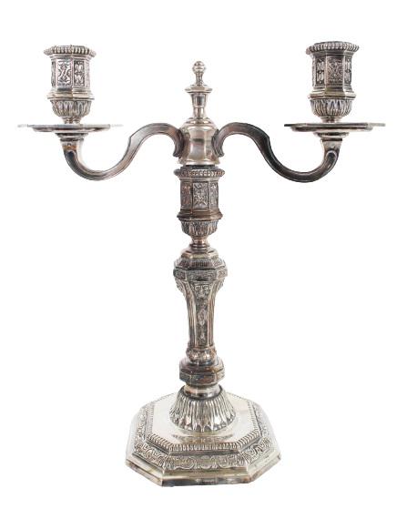Christofle Silver Plate Two-Light Candlestick: Christofle Silver Plate Two-Light Candlestick, marked Christofle on base. Size: 10 x 12 in.