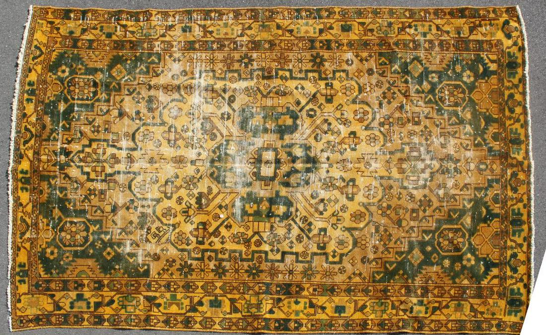 Antique Mustard, Brown & Green Turkish Rug: Antique, 100% wool, mustard, brown & green over-dyed rug with medallion.Condition: worn in several areasSize: 114 x 78 in. (9.5' x 6.5') Location WH