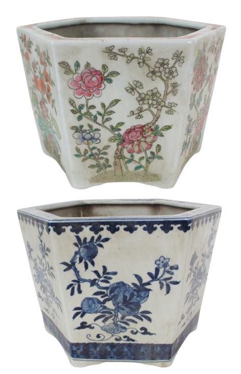(2) Chinese Small Floral Hand Painted Planter Pots: Chinese Small Floral Hand Painted Planter Pot. Size: 10 1/4 x 7 in.Chinese Blue & White Floral Planter Pot. Size: 10 1/2 x 6 3/4 in. Location STUDIO