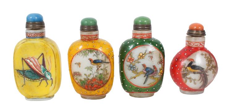 (4) Chinese Hand Painted Snuff Bottles: (4) Chinese Hand Painted Snuff Bottles, marked on the underside. Size of Largest: 1 1/2 x 3 in. Location STUDIO