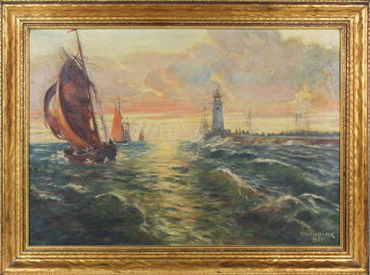 Charles H. Kellner (1890-1979) American, O/B: Seascape with reflecting sunlight, lighthouse and sailing ships, oil on board, signed & dated lower right: Chas.H. Kellner 1934. Charles Kellner, born in Kasa, Czechoslovakia, became an early 20th