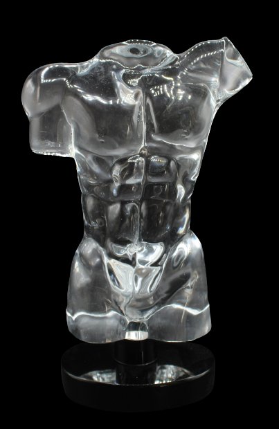 Dino Rosin (b 1948) Italian, Art Glass Sculpture: Large Murano Italy Adonis sculpture By Dino Rosin. Crafted of fine quality Italian hand blown studio art glass. Depicts a modern nude male torso on a black glass base. Signed on the base. This piece w