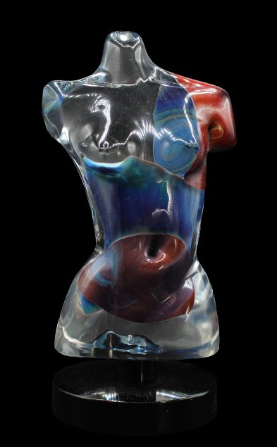 Dino Rosin (b 1948) Italian, Art Glass Sculpture: Large Murano Italy Aphrodite sculpture By Dino Rosin. Crafted of fine quality Italian hand blown studio art glass. Depicts a modern nude female torso on a black glass base. Signed on the base. This pi