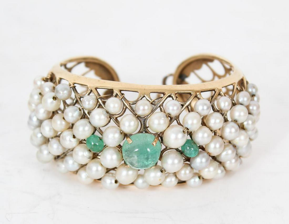 14k Yellow Gold Cuff Bracelet w Pearls & Emeralds (1 of 6)