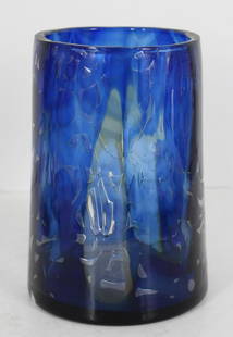 Pavel Hlava Czechoslovakian Satin Glass Vase: Hand-blown blue glass vase made by satin glass technique, Designer: Pavel Hlava, Manufacturer: Novy Bor Glassworks, etch-signed and dated 66 3/30, and stamped Czechoslovakia on bottom. Provenance: Pur