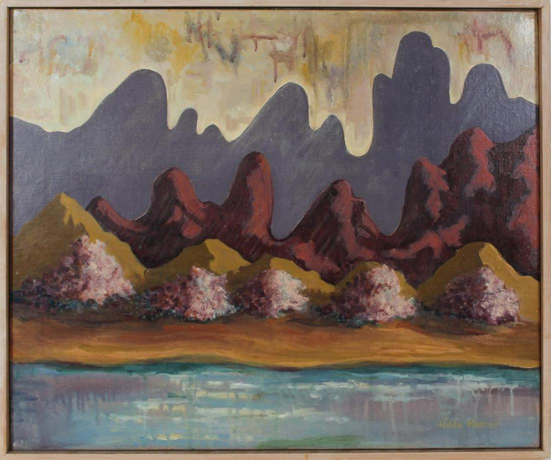 Hilda Kaster (Amer 1912-2008) Modernist Landscape: Hilda Kaster (Amer 1912-2008) Modernist Landscape titled "Shoreline" depicting the dramatic limestone hills near Guilin, China.Overall Size: 21 x 25 in.Sight Size: 20 x 24 in.