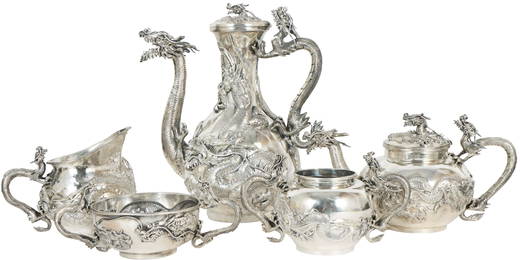 Japanese Arthur & Bond Sterling Dragon Tea Set