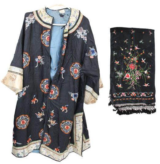 Ladies Shawl and Short Sleeved Summer Coat: Ladies Shawl and Short Sleeved Summer Coat 20th century. The black silk shawl decorated with colorful couched and embroidered floating foliage and other motifs, the ends with black silk woven fringe, 