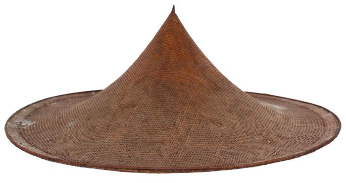 Chinese Rice Farmer or Coolie Reed Hat: Chinese Rice Farmer or Coolie Reed Hat The tightly woven reeds forming a hat with a wide brim continuing upward to a conical point, with a colorful dyed fabric head grip. Diameter 24 in