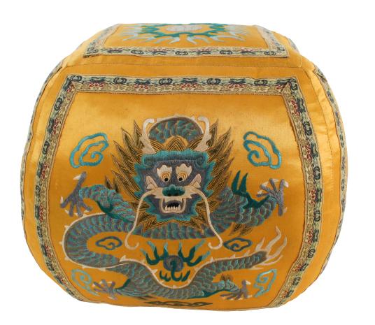 Chinese Embroidered Dragon Cushion/Pillow: Chinese Embroidered Dragon Cushion/PillowEach side of the cube-form cushion embroidered with a dragon and other ritual symbols, the five-clawImperial Dragon, on an Imperial yellow ground. Size: 11 x 1