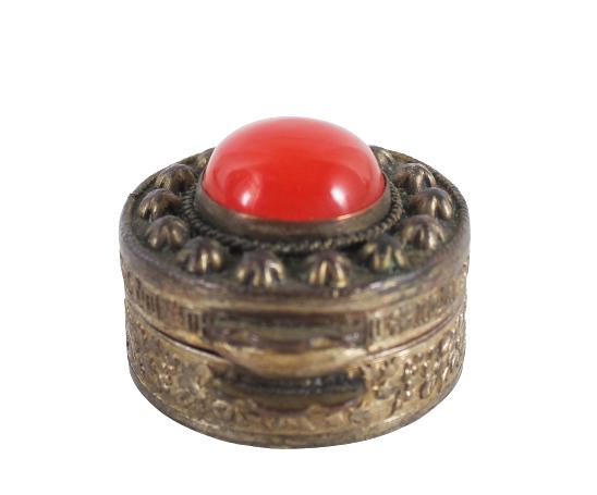 Chinese Silvered Metal Pill Box: Chinese Silvered Metal Pill Box The lid with a large red glass cabochon. Size: 1 1/8 x 7/8 in.