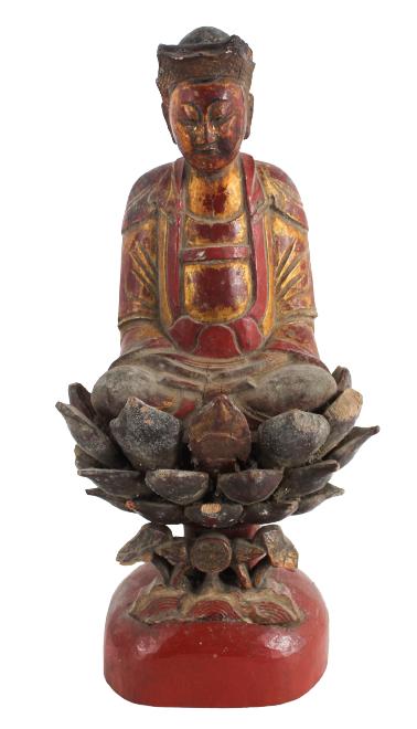 Chinese Gilt & Lacquered Wood Guanyin: Chinese Gilt & Lacquered Wood Guanyin Ming/Qing Dynasty, 17th through 19th Century. The deity in meditation seated atop a lotus base, with individually carved petals, she wears a crown and is dressed 