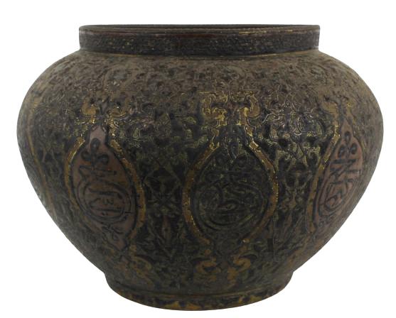 Large Persian Bronze Jar: Large Persian Bronze Jar 19th Century. The tapering circular vessel, with a short rising rim chased with interlaced strapwork, the body decorated allover with silvered and gilt arabesques and foliage,