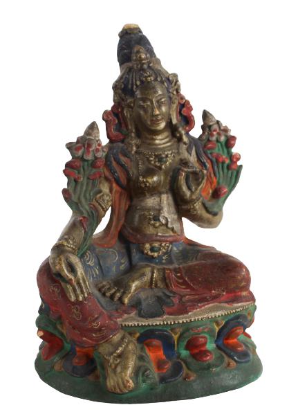 Himalayan Painted Earthenware Bodhisattva: Himalayan Painted Earthenware Bodhisattva18th/19th Century. The Hindu Deity seated upon a lotus, painted and parcel gilt.Size: 4 1/8 x 3 3/8 x 6 1/2 in.