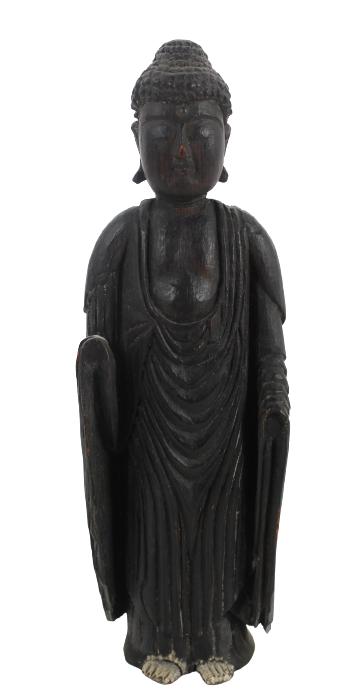 Chinese Stained Wood Standing Buddha: Chinese Stained Wood Standing Buddha Draped in a long robe with symmetrical folds and wearing a traditional buddha beaded headdress. (Cond. lacking hands). Size: 3 1/8 x 2 x 10 in.