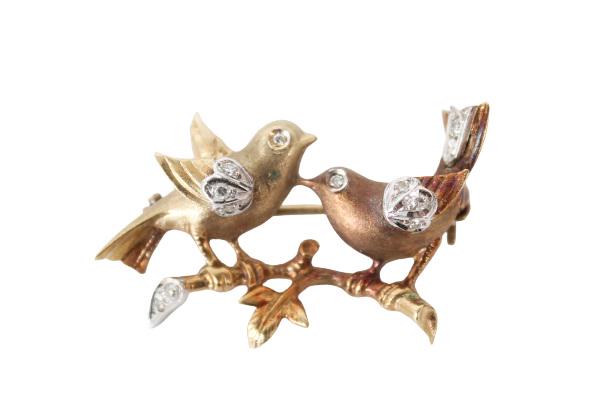 Vintage 14K Gold & Diamonds Love Birds Pin 5g (1 of 6)