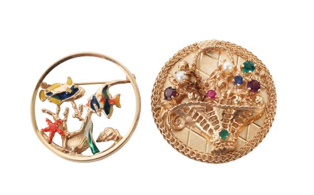 (2) 14K Gold Multi Stone & Enamel Brooches 28g (1 of 8)