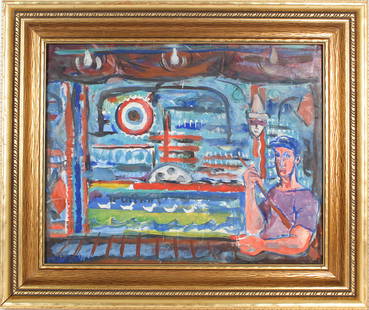 Charles Gresham (American 20th C) Oil/Board: Shooting Gallery at a Carnival, oil on masonite. Charles Gresham exhibited at the Esther Robles Gallery in the 1950's Other artists exhibiting were Stanton MacDonald Wright, Karel Appel, and Paul Jenk