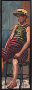 Ben Abril (1923-1998) American, Oil/Canvas: Seated figure wearing striped sun suit and boater, oil on canvas, signed vertically upper left margin. Born in Los Angeles, California, Ben Abril is known for his paintings of California landmarks.He