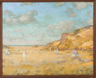 Charles Gresham (20th C) American, Oil on Board: Charles Gresham (20th C) American, Oil on Board, San Francisco Beach Scene. Gresham exhibited at the Esther Robles Gallery in the 1950's Other artists exhibiting were Stanton MacDonald Wright, Karel A