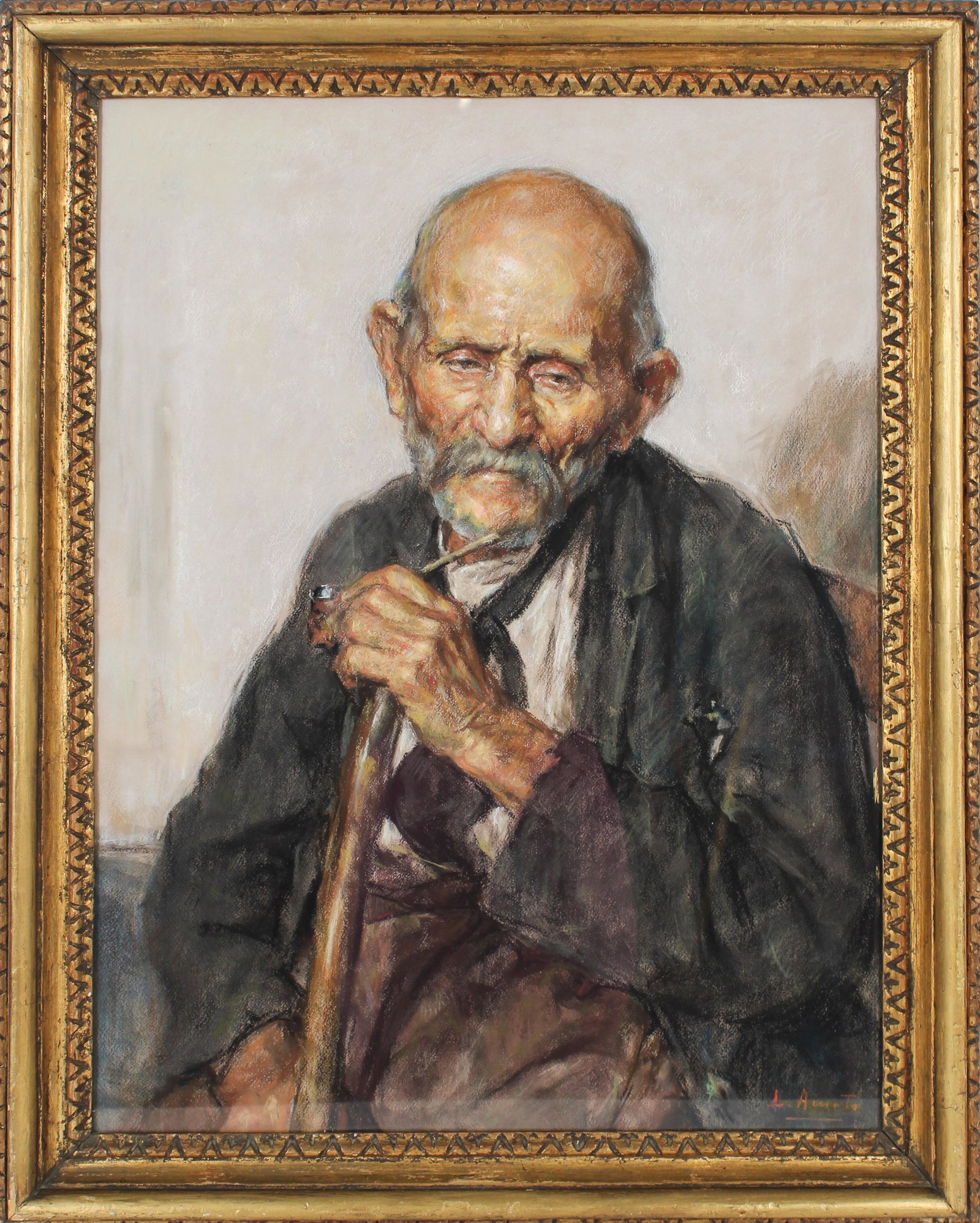 Luigi Amato (1898-1981) Italian, Pastel: Fine pastel portrait of a village elder with pipe and walking sticks. Luigi Amato received a scholarship at the age of 14 to study art in Rome. He exhibited at the Rome Biennale and received an award.