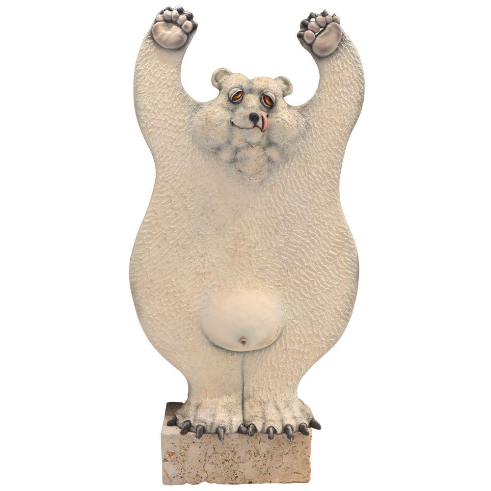 Todd Warner (1945-2022) American, Elephant Safari: Todd Warner (b. 1945) American, Polar Bear Sculpture. Mixed media with composite, stone, and steel. Steel rods fit into the stone base. Sculpture of a polar bear with a cute face, sticking his tongue