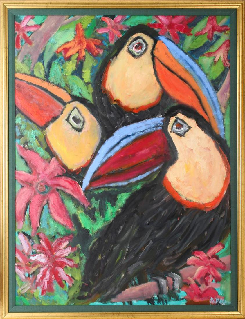 Florence Putterman (1927-202) American, Oil/Canvas: Colorful grouping of three toucans, acrylic on canvas, signed lower right. Provenance: purchased directly from the artist in Sarasota, Florida.As a leading female artist with groundbreaking exploratio