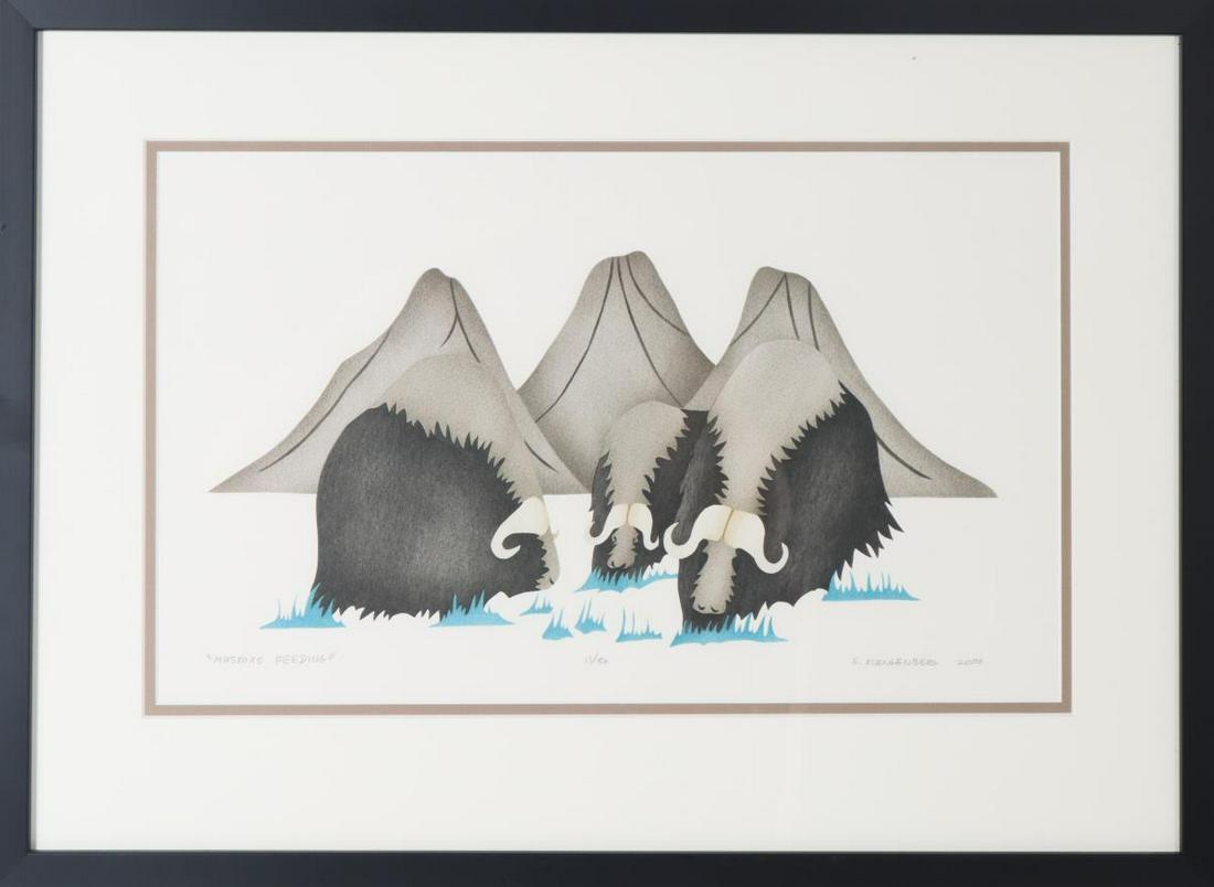 Elsie Klengenberg (20th C) "Muskoxs Feeding": Stencil print- signed, titled, and numbered in pencil 11/50. Overall size: 17 1/4 x 23 1/2 in. Sight size: 10 1/4 x 17 in.