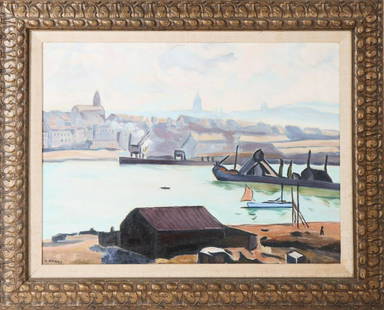 Style of A Marquez (20th C) French Harbor Scene: A 1955 Harbor scene in the style of Albert Marquet, oil on board, signed and dated lower left.Overall size: 24 3/8 x 30 3/8 in. Sight size: 17 1/2 x 23 1/2 in.