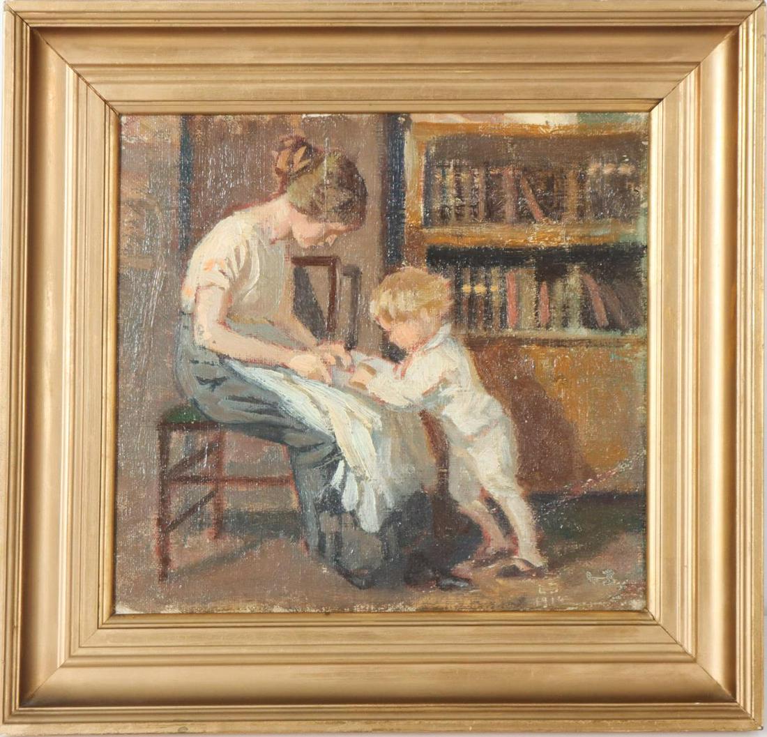 Luplau Janssen (1869-1927) Danish, Oil on Canvas: "Lille Dreng, der Ser Billeder" - "Little Boy Looking at Pictures" Signed and dated 1914. Oil on Canvas. Provenance: Bruun Rasmussen Art Auctioneers, Copenhagen. Overall size: 11 3/4 x 12 1/8 in. Sigh