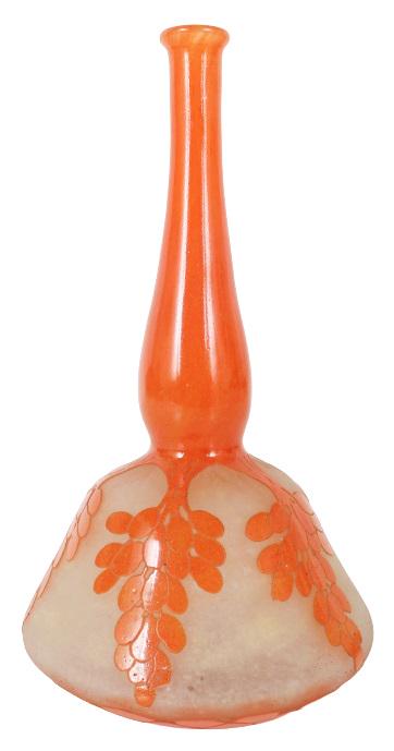 Mallet Shaped Glass Vase: Mallet Shaped Glass Vase, orange-colored overlay, floral / grape motif. Size: 5 1/2 x 9 in.